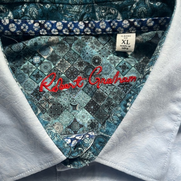 Robert Graham Light Blue Short Sleeve Casual Pattern Button Down Shirt Size XL - Picture 3 of 10